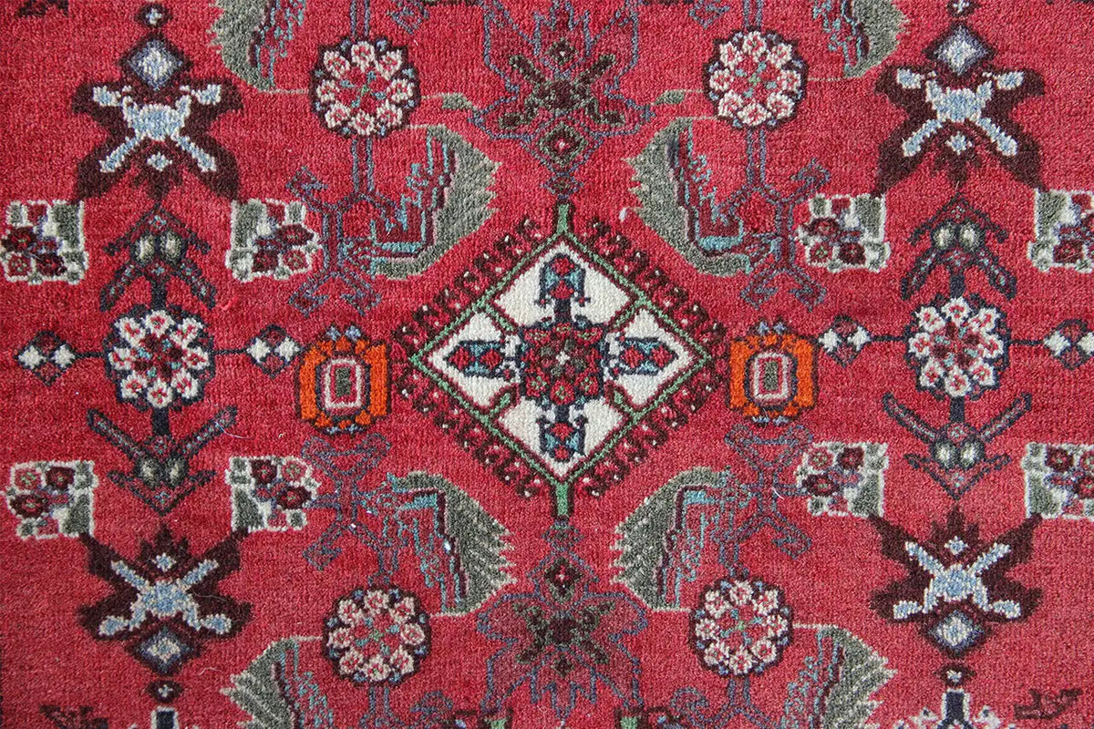 Close-up: red carpet pattern with medallion, ornaments, and borders