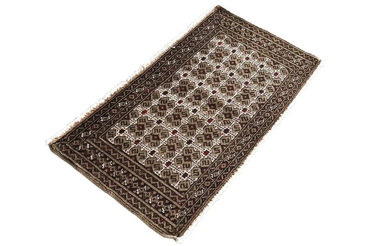 Turkmen carpet 100x52 cm with a framed border and fine pattern in dark brown and beige