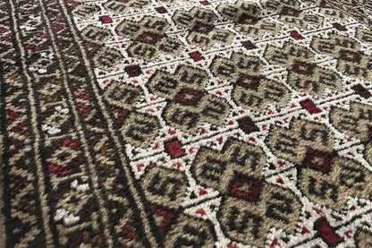 Turkmen carpet detail: dense pile with geometric motifs in brown, beige, and red