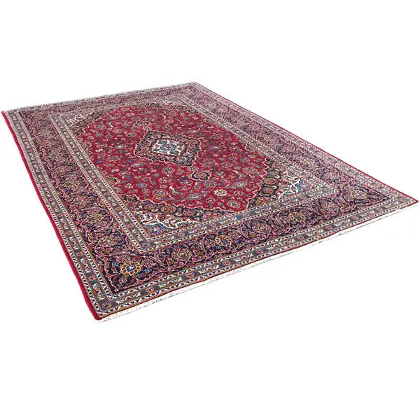 Rolled-up carpet-like view: red pattern with a gray-brown border trim