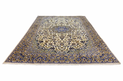 Keshan rug with an all-over blue and beige pattern in a vintage style