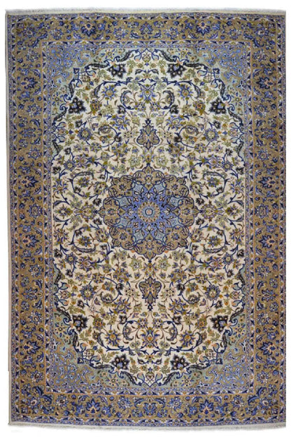 Keshan oriental rug with a blue-and-white medallion pattern and border
