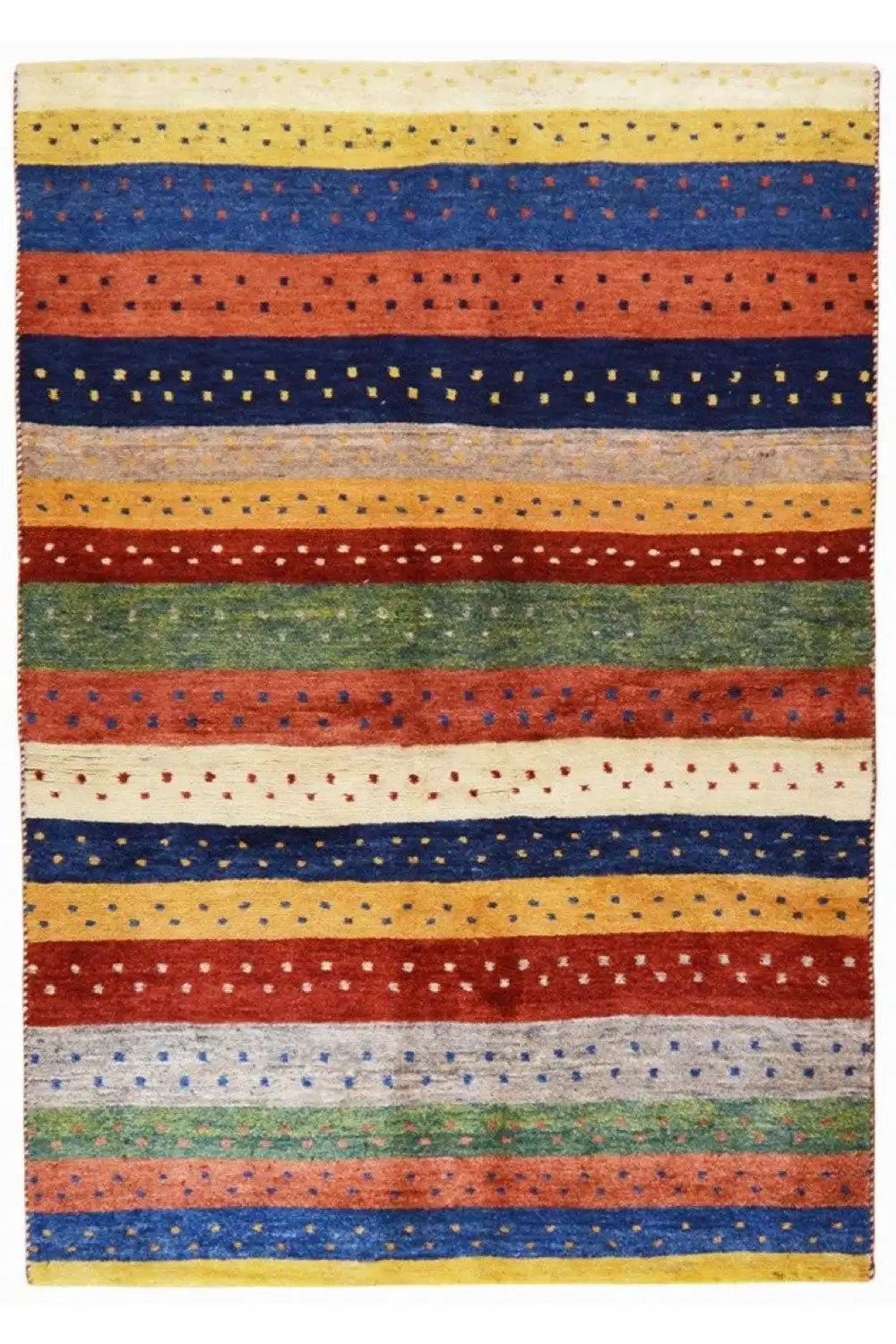 Gabbeh rug front view: even horizontal stripes in blue, red, green, and yellow