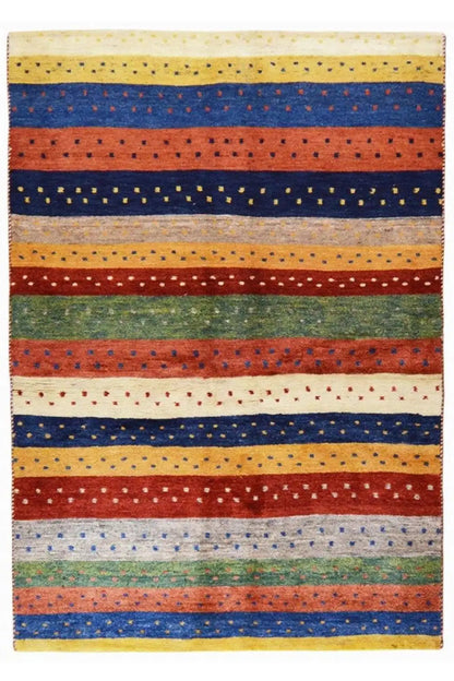 Gabbeh rug front view: even horizontal stripes in blue, red, green, and yellow