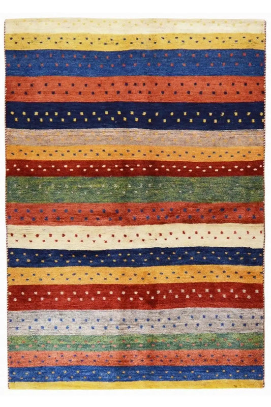 Gabbeh rug front view: even horizontal stripes in blue, red, green, and yellow