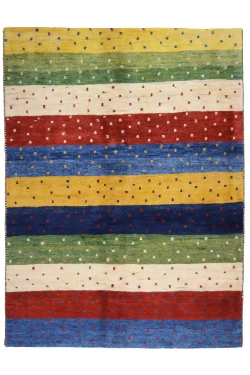 Gabbeh rug 200×148 cm, flat: horizontal stripes in blue, red and green