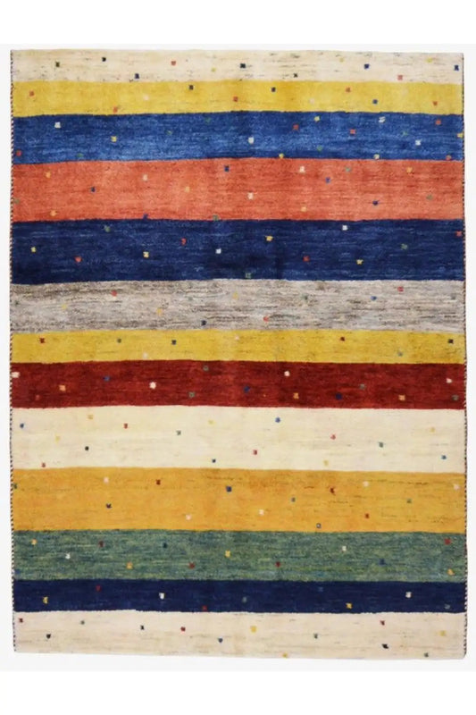 Gabbeh rug 193x143 cm: rectangular, striped in cream, blue, red, and yellow