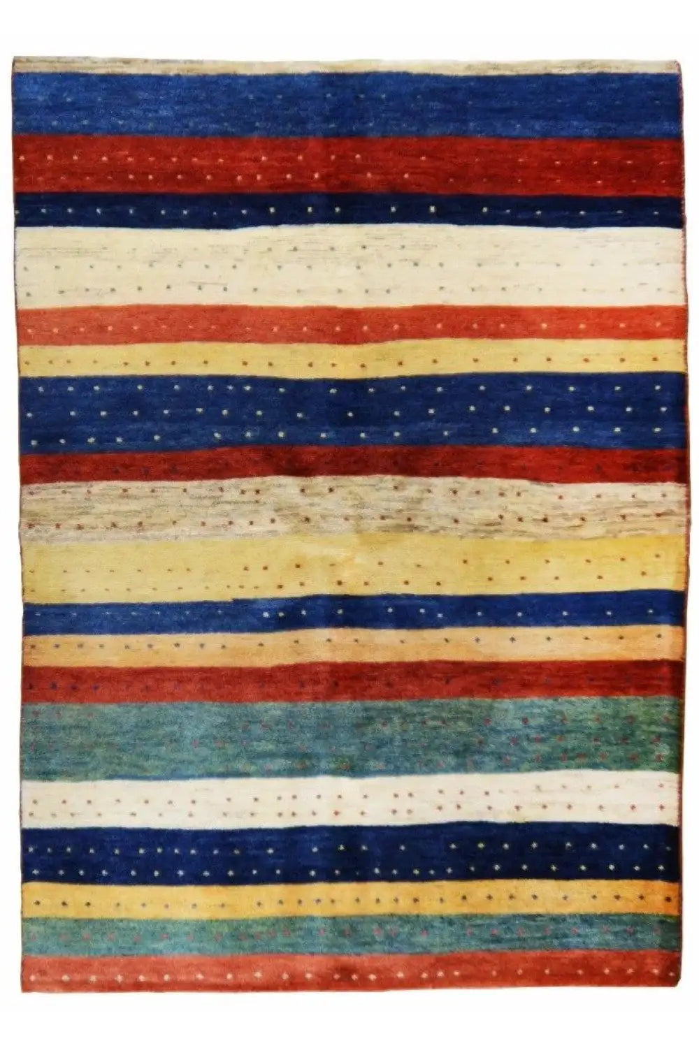 Gabbeh rug with a striped pattern in blue, red, beige, and green, rectangular.
