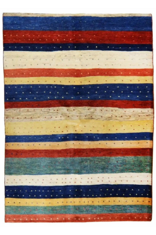 Gabbeh rug with a striped pattern in blue, red, beige, and green, rectangular.