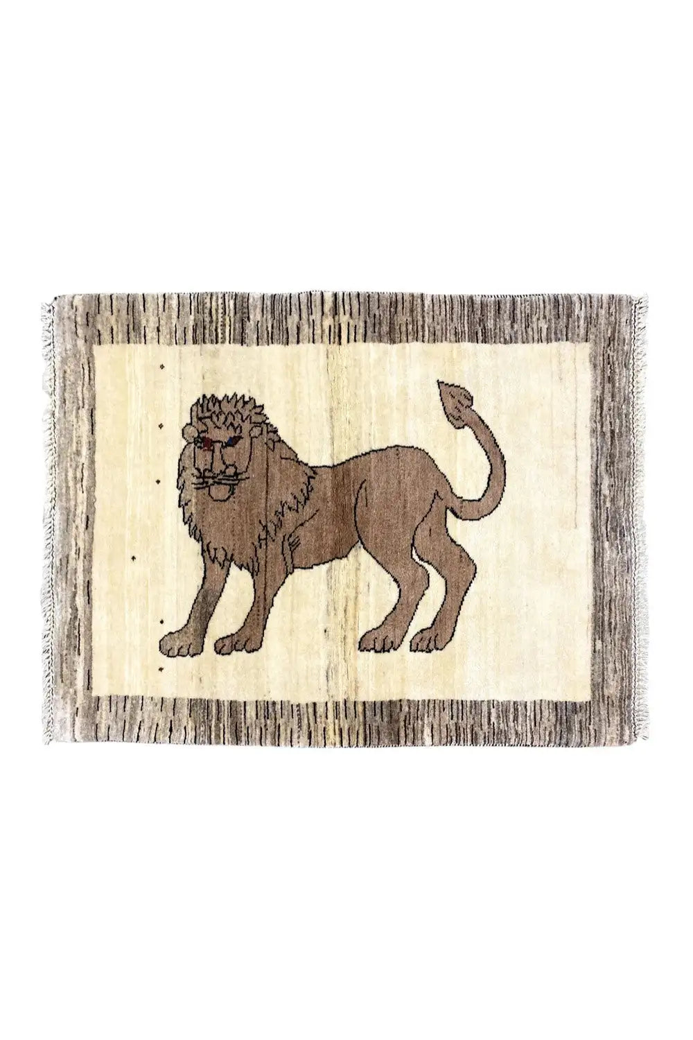 Gabbeh rug with lion motif, light beige background, brown border, fringes