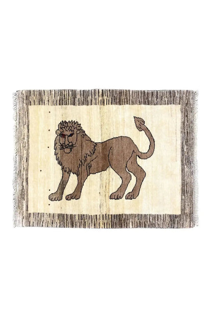 Gabbeh rug with lion motif, light beige background, brown border, fringes