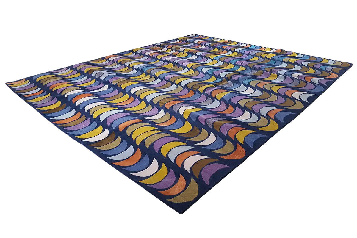 Square rug with an abstract wave pattern in blue, yellow, purple, and orange
