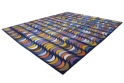 Square rug with an abstract wave pattern in blue, yellow, purple, and orange