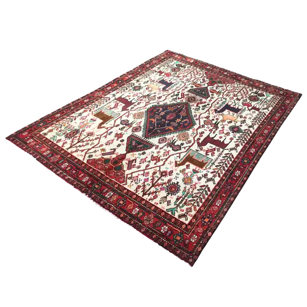 Traditional rectangular rug with a red and dark blue border