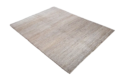 Gabbeh natural rug, beige mélange tone with a fine linear texture, photographed at an angle