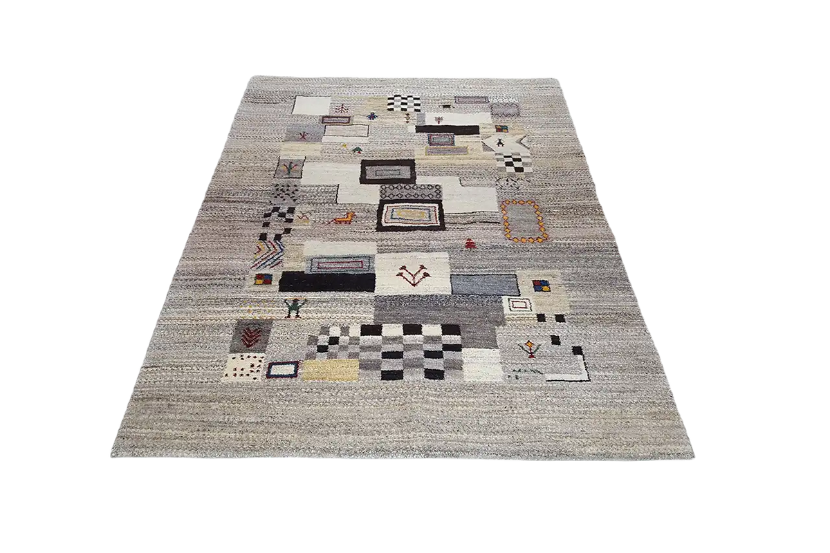 Gabbeh rug, flat-woven, with abstract square patterns in black, red, and blue on a beige background