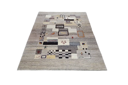 Gabbeh rug, flat-woven, with abstract square patterns in black, red, and blue on a beige background