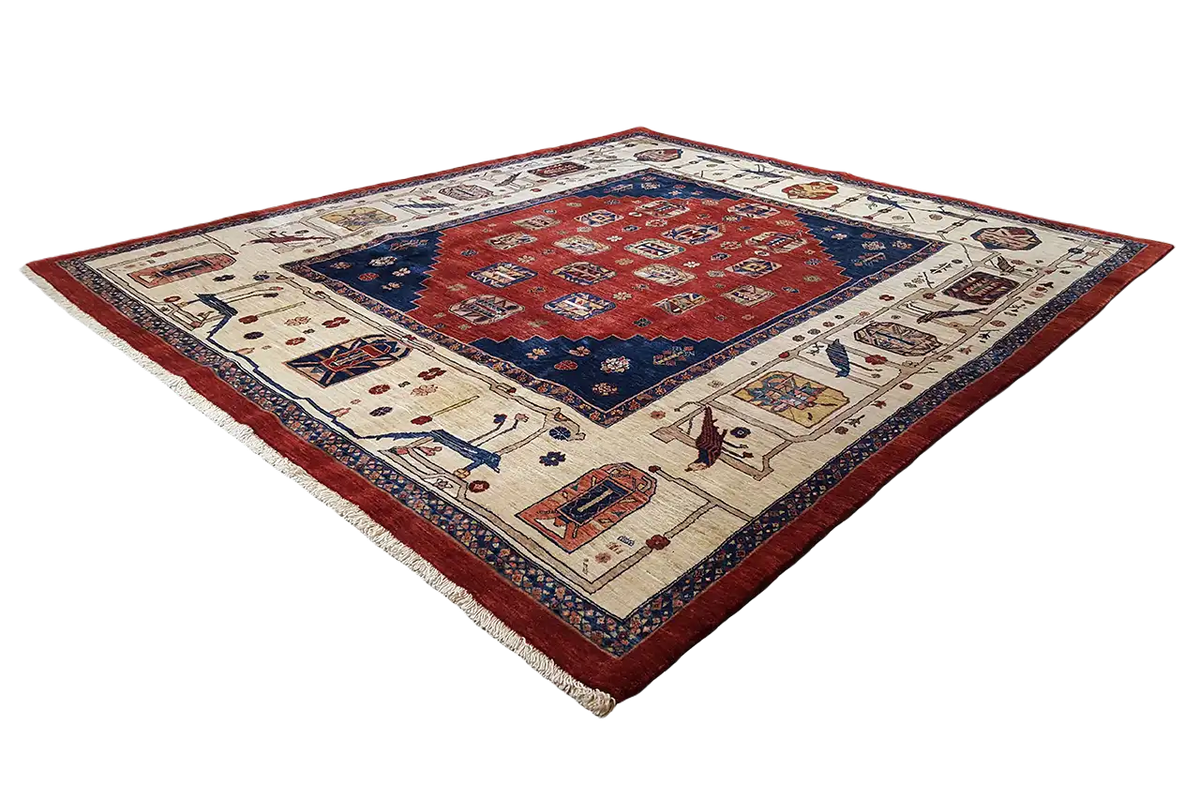 Classic Qashqai rug, square ornamental pattern in red and blue with border