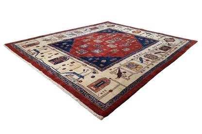 Classic Qashqai rug, square ornamental pattern in red and blue with border