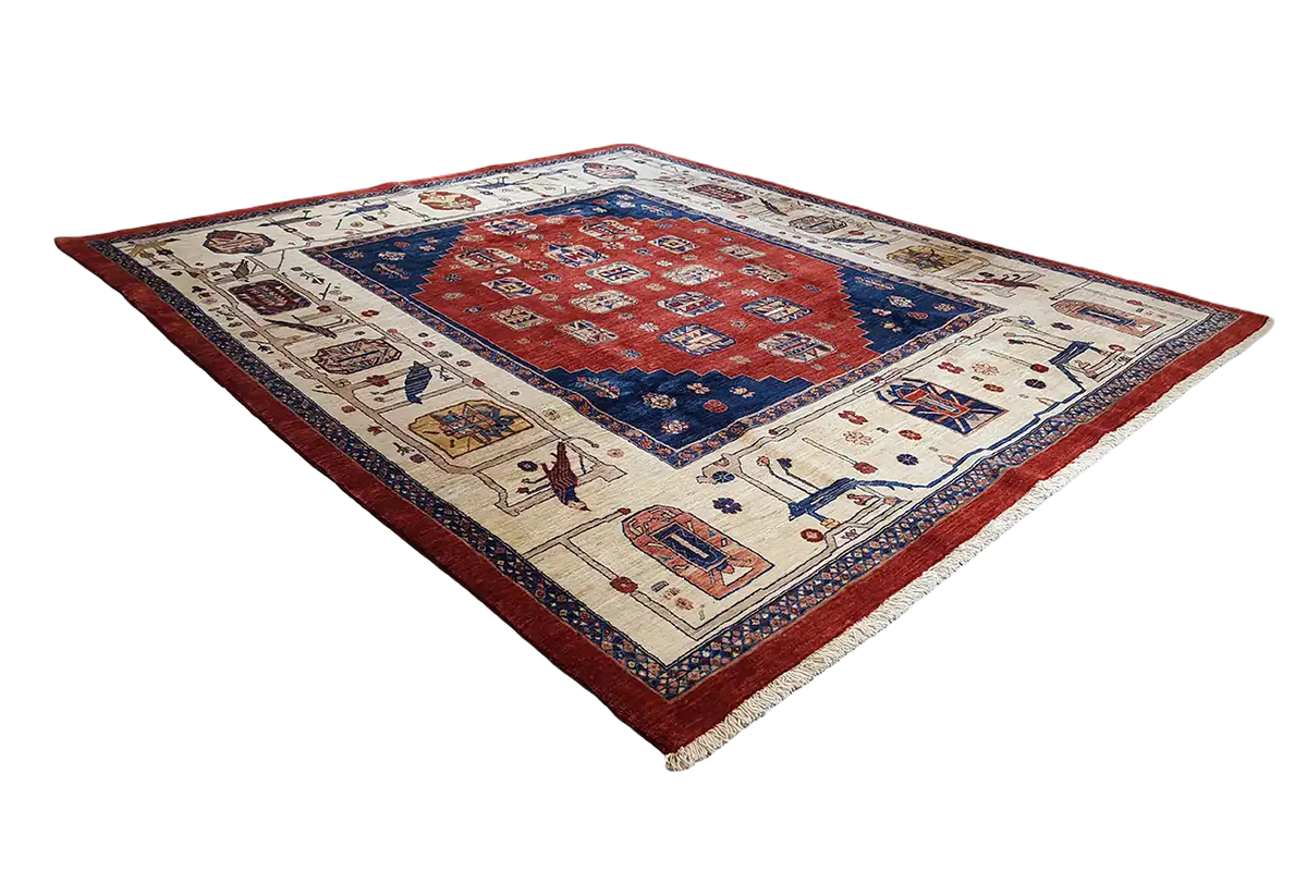 Qashqai classic rug with red and blue pattern and border, 270x241 cm