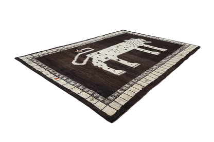 Gabbeh lion rug, brown-beige color pattern with a surrounding decorative border