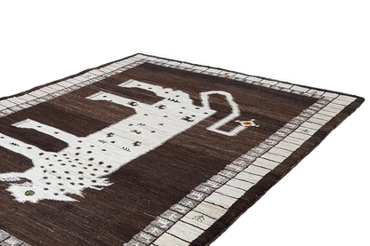 Rectangular Gabbeh rug with a central lion motif, brown background and border