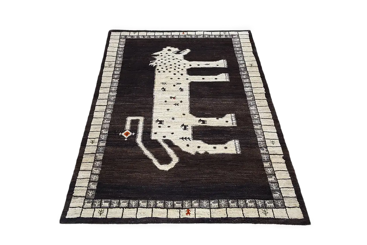 Gabbeh rug with lion motif in brown, beige and white, rectangular