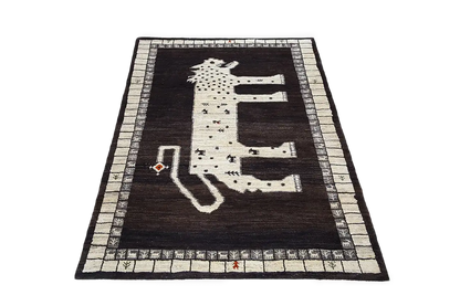 Gabbeh rug with lion motif in brown, beige and white, rectangular